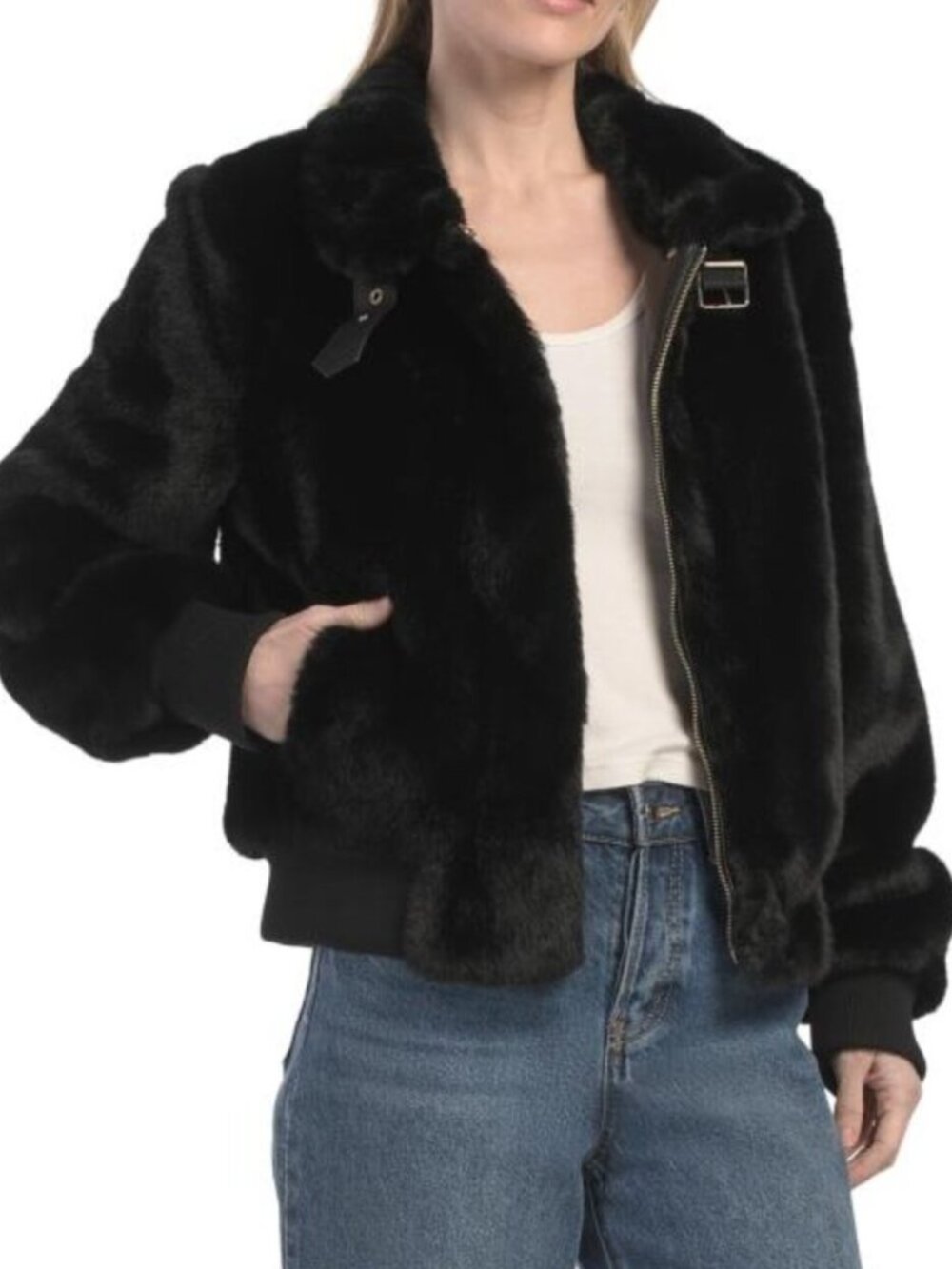 BCBGMAXAZRIA Stand Collar Faux Fur Jacket